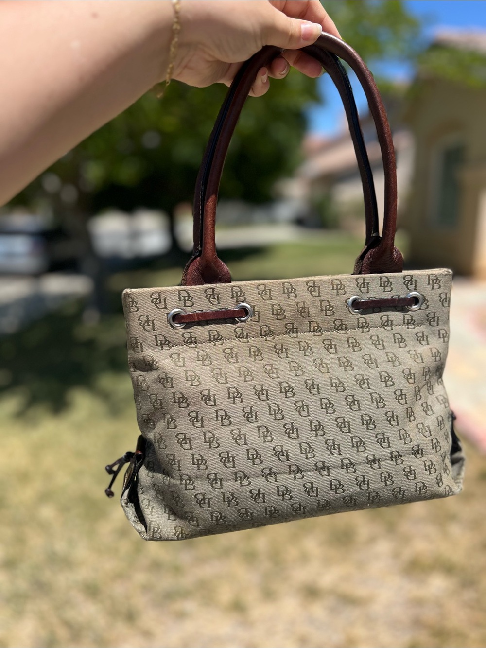 Vintage Dooney & Bourke Monogram Canvas Tote Bag with Brown Leather Trim - Picture 3 of 11